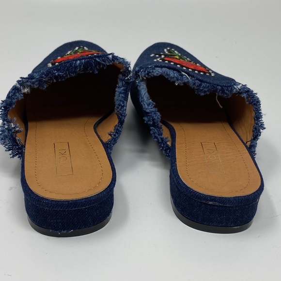 Yoki Womens Mules Dark Blue Denim Red Rose Appliqué Silver Studs Willas Shoes - Picture 5 of 6